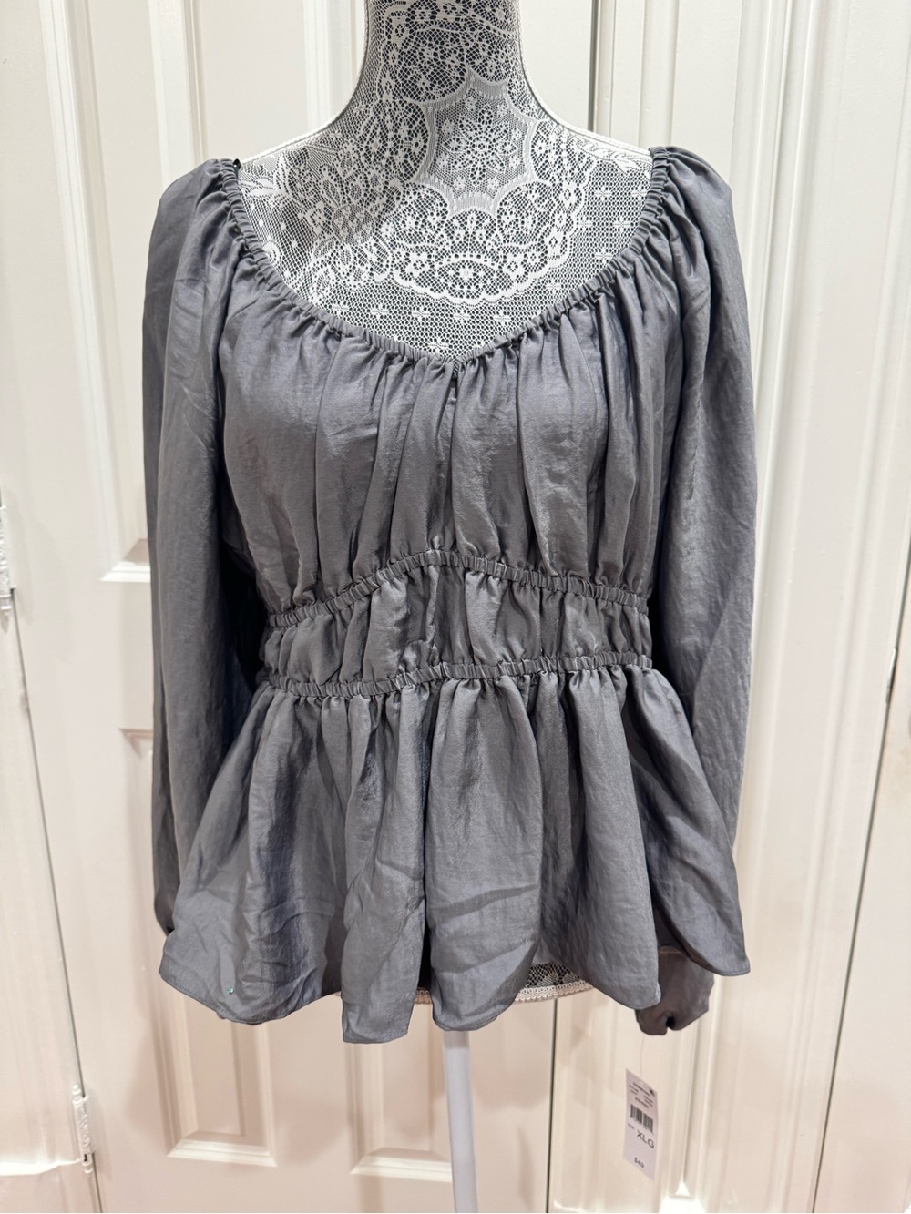 NEW 52seven Grey Smocked Peplum LS Top w/ Balloon Sleeves Sz. XL Coquette Boho